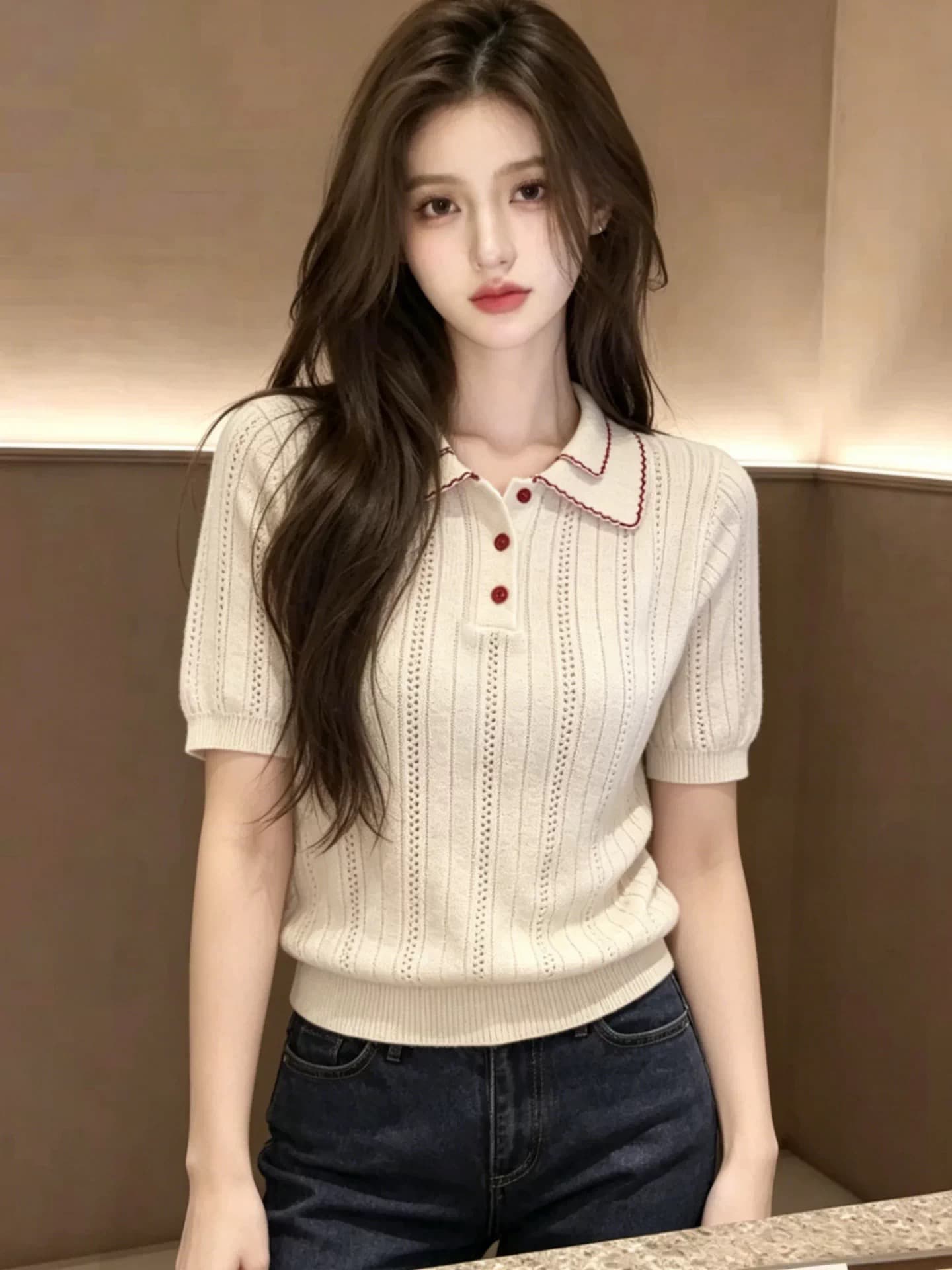 한 부서 배색 니트 반팔 POLO 셔츠 여성 여름 2026 새로운 디자인 센스 홀로우 아웃 얇은 스타일 니트 스웨터 맨위 상세 이미지 1