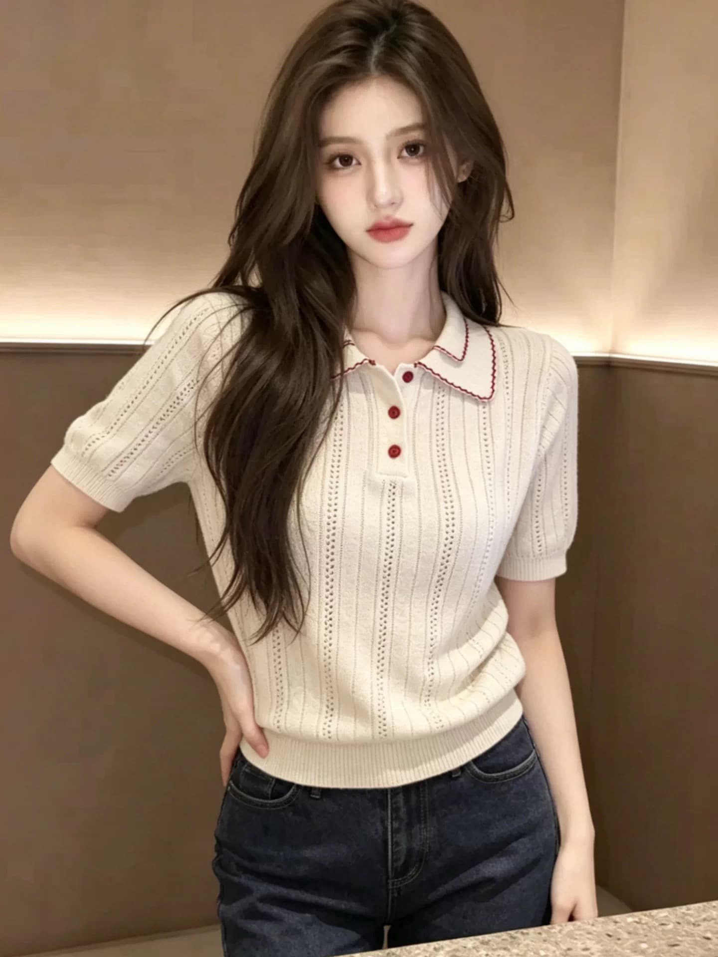 한 부서 배색 니트 반팔 POLO 셔츠 여성 여름 2026 새로운 디자인 센스 홀로우 아웃 얇은 스타일 니트 스웨터 맨위 상세 이미지 2