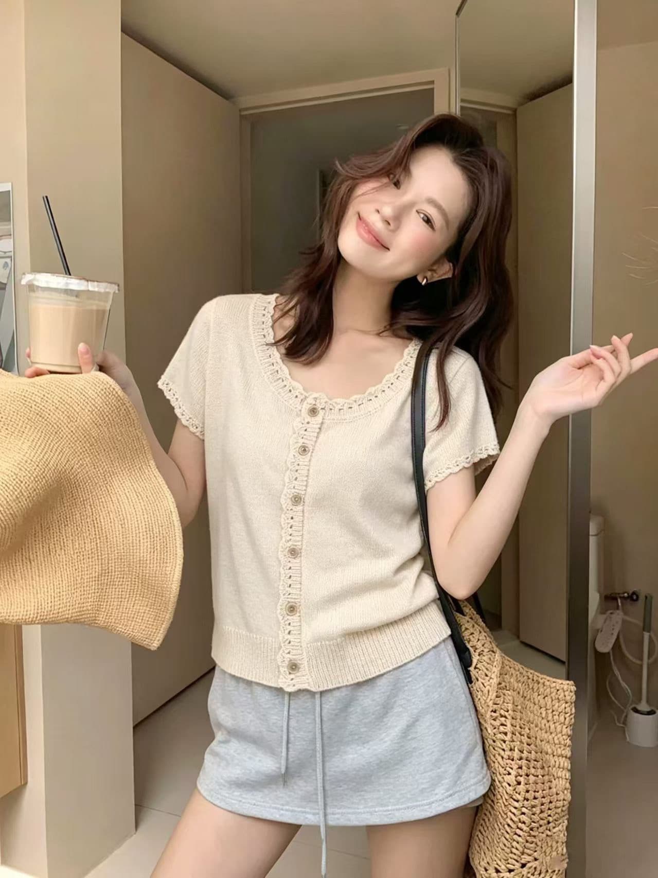 한 스타일 쌀 살구 색상 레이스 얼음 실크 니트 반팔 티셔츠 여성 여름 얇은 스타일 작은 대중 디자인 센스 디스플레이 얇고 작은 맨위 상세 이미지 1