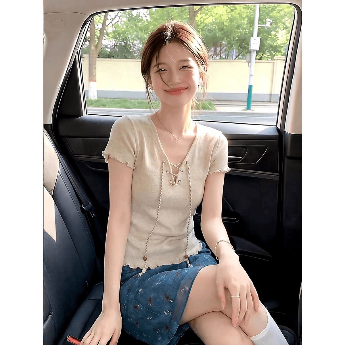 순수한 욕망 바람 V넥 스트랩 니트 반팔 티셔츠 여성 여름 얇은 스타일 프릴 몸매 가꾸기 슬림해 보이는 핫걸 다용도 맨위 이미지 5