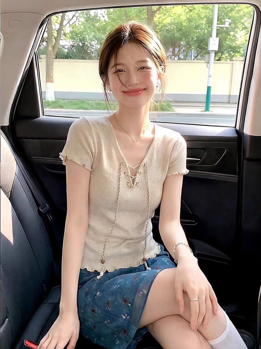 순수한 욕망 바람 V넥 스트랩 니트 반팔 티셔츠 여성 여름 얇은 스타일 프릴 몸매 가꾸기 슬림해 보이는 핫걸 다용도 맨위 상세 이미지 1