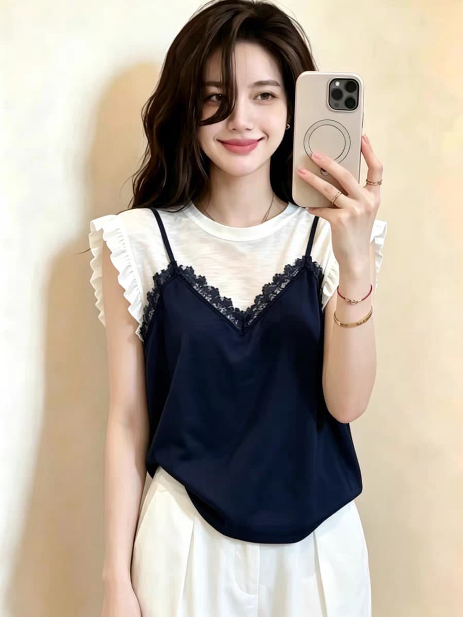 한 부서 chic Chic 녹색 페이크 레이어드 반팔 티셔츠 여성 여름 고유 한 아름다운 자이언트 잘 생긴 ~ 중 디자인 센스 맨위 이미지 3