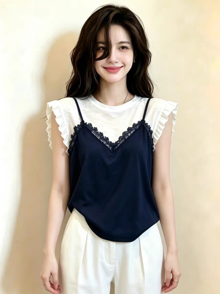 한 부서 chic Chic 녹색 페이크 레이어드 반팔 티셔츠 여성 여름 고유 한 아름다운 자이언트 잘 생긴 ~ 중 디자인 센스 맨위 이미지 5