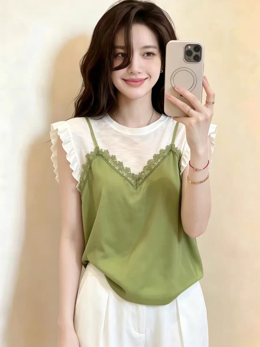 한 부서 chic Chic 녹색 페이크 레이어드 반팔 티셔츠 여성 여름 고유 한 아름다운 자이언트 잘 생긴 ~ 중 디자인 센스 맨위 상세 이미지 1