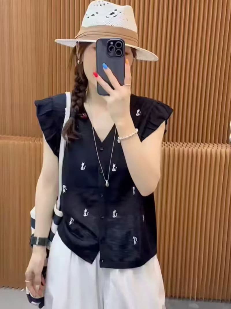 새끼 고양이 자수 Feifei 소매 얼음 실크 니트 오픈 가디건 여성 유럽 역 2026 여름 새로운 유럽 상품 여성 의류 맨위 트렌디 상세 이미지 7