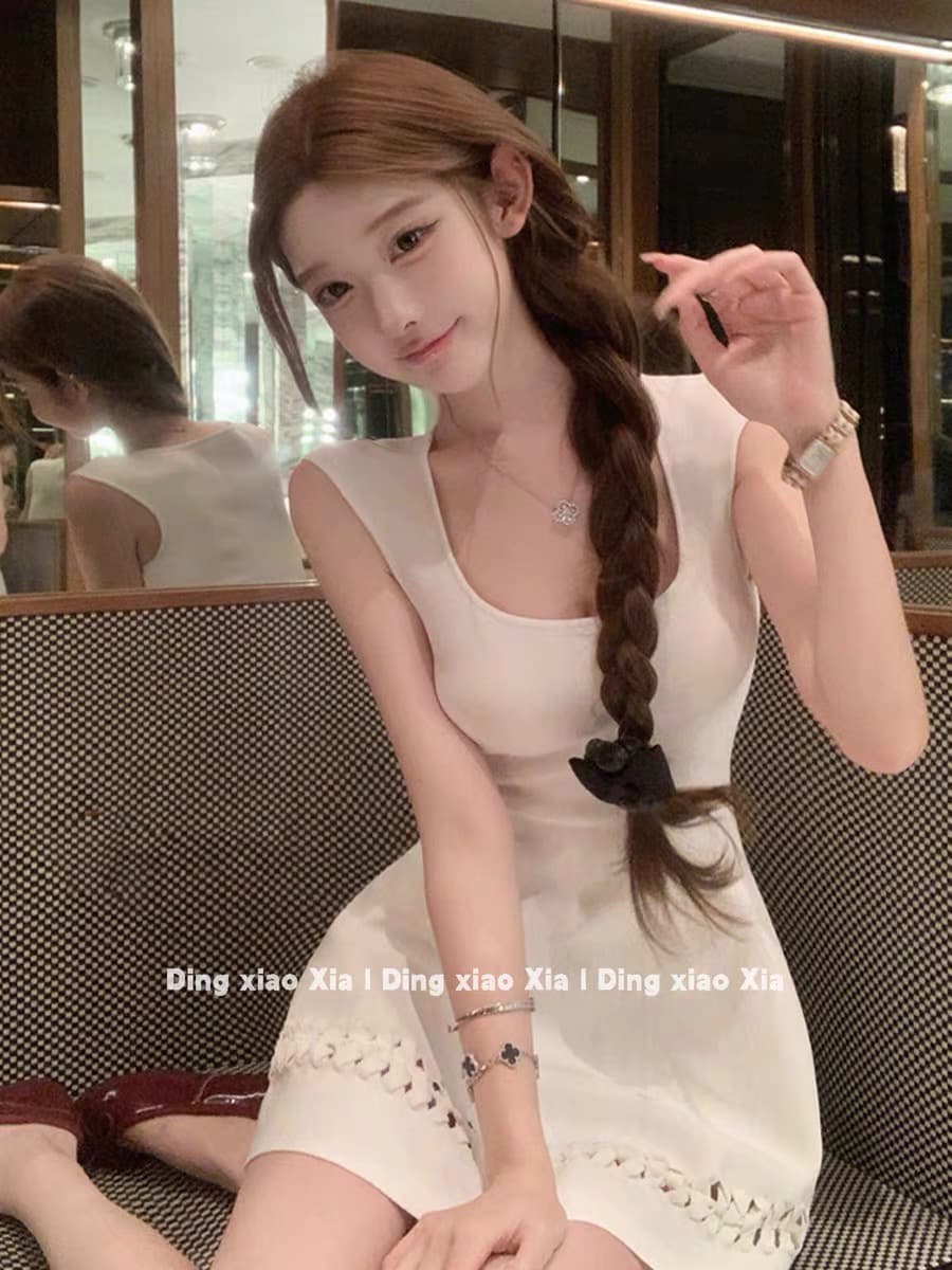 화이트 광장 칼라 슬립 여성 드레스 여름 프랑스식 고급 센스 천 골드 허리 수축 슬림해 보이는 작은 키 한 마디 미니 스커트 상세 이미지 2