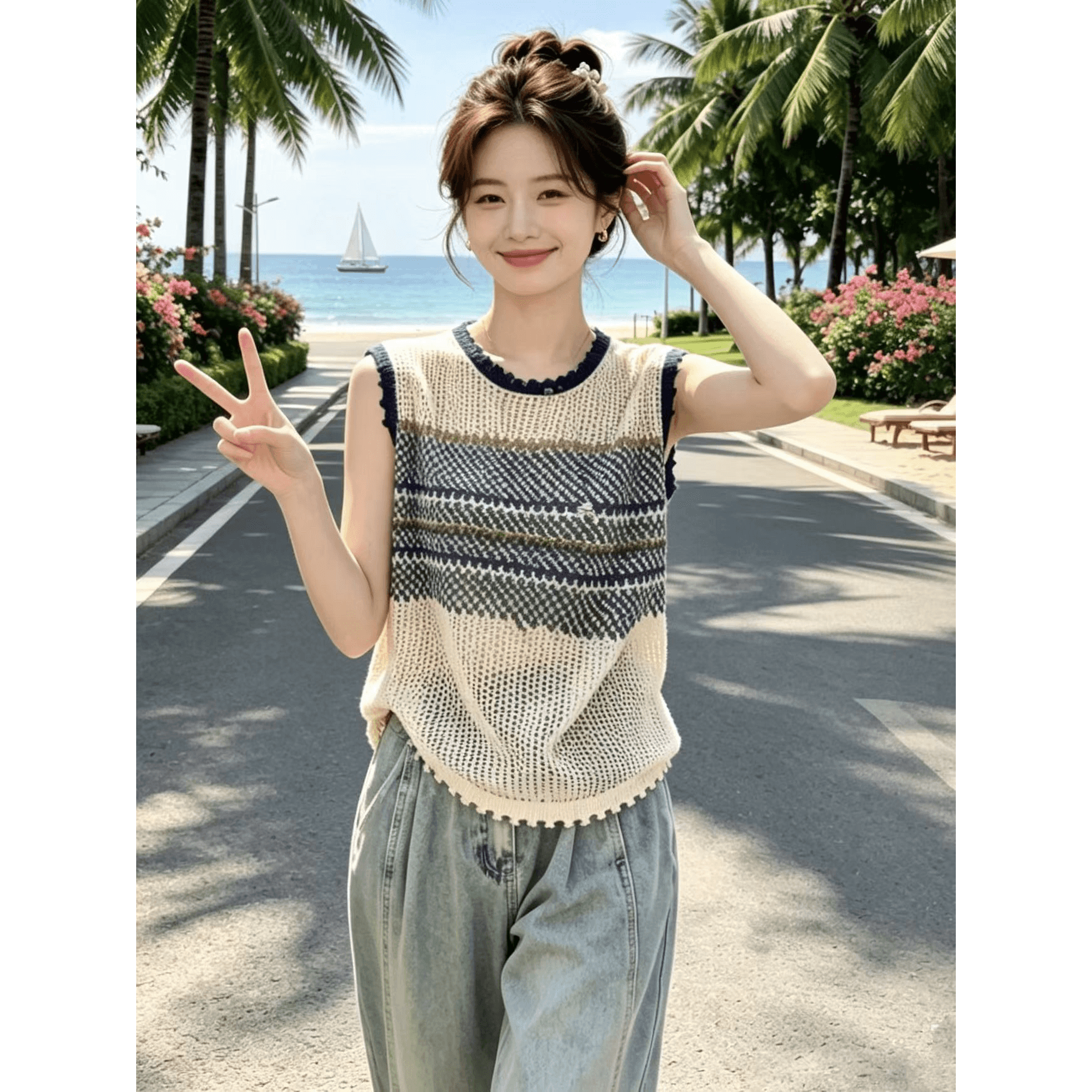 레트로 배색 스트라이프 라운드 넥 민소매 니트 조끼 여성 2026 여름 새로운 홀로우 아웃 슬림해 보이는 얇은 스타일 맨위 트렌디 이미지 5