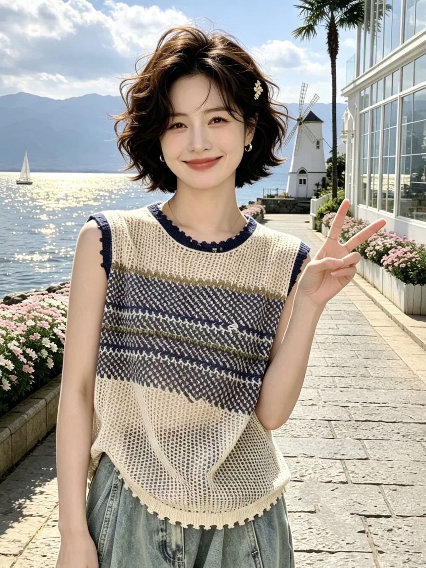 레트로 배색 스트라이프 라운드 넥 민소매 니트 조끼 여성 2026 여름 새로운 홀로우 아웃 슬림해 보이는 얇은 스타일 맨위 트렌디 상세 이미지 5