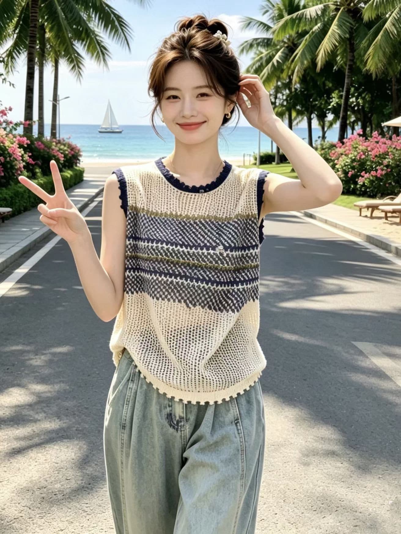 레트로 배색 스트라이프 라운드 넥 민소매 니트 조끼 여성 2026 여름 새로운 홀로우 아웃 슬림해 보이는 얇은 스타일 맨위 트렌디 상세 이미지 7