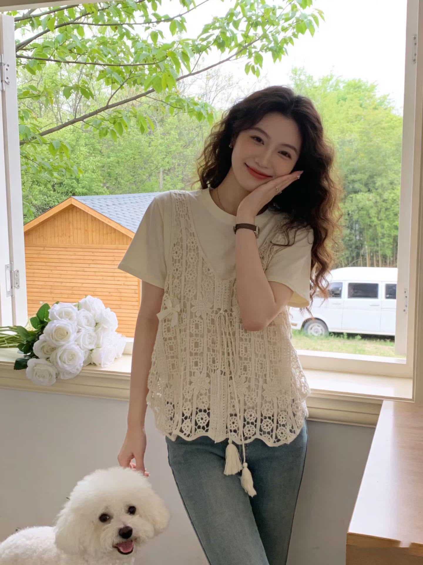 디자인 센스 페이크 레이어드 반팔 티셔츠 루즈핏 슬림해 보이는 홀로우 아웃 패치워크 루즈핏 다용도 맨위 패션 품격 작은 셔츠 상세 이미지 1