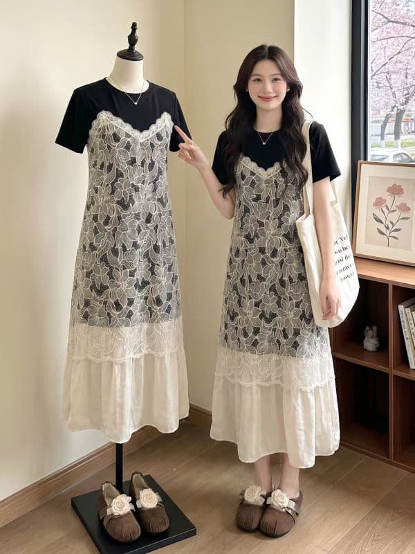 프랑스식 무거운 작업 레이스 자카드 패치워크 치마 아이들 여름 빅 사이즈 통통한 여동생 디자인 센스 품격 슬림해 보이는 드레스 이미지 2