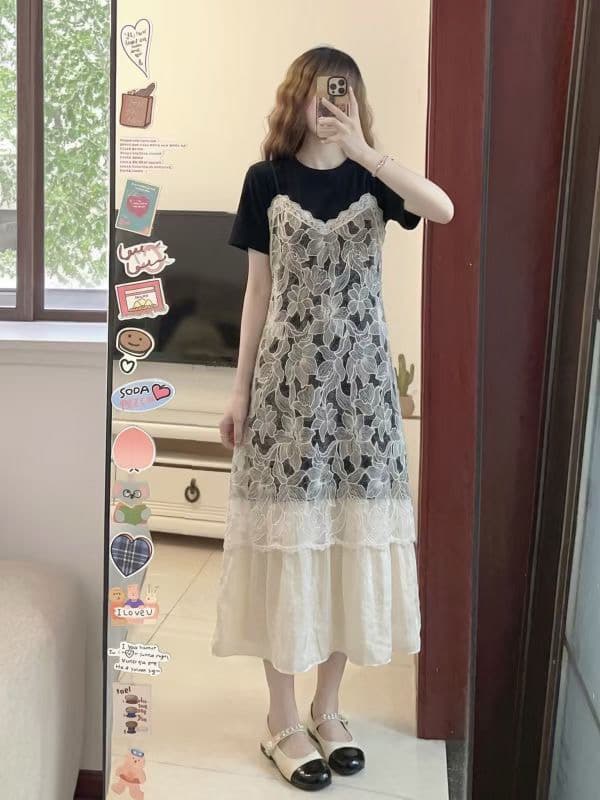 프랑스식 무거운 작업 레이스 자카드 패치워크 치마 아이들 여름 빅 사이즈 통통한 여동생 디자인 센스 품격 슬림해 보이는 드레스 상세 이미지 1