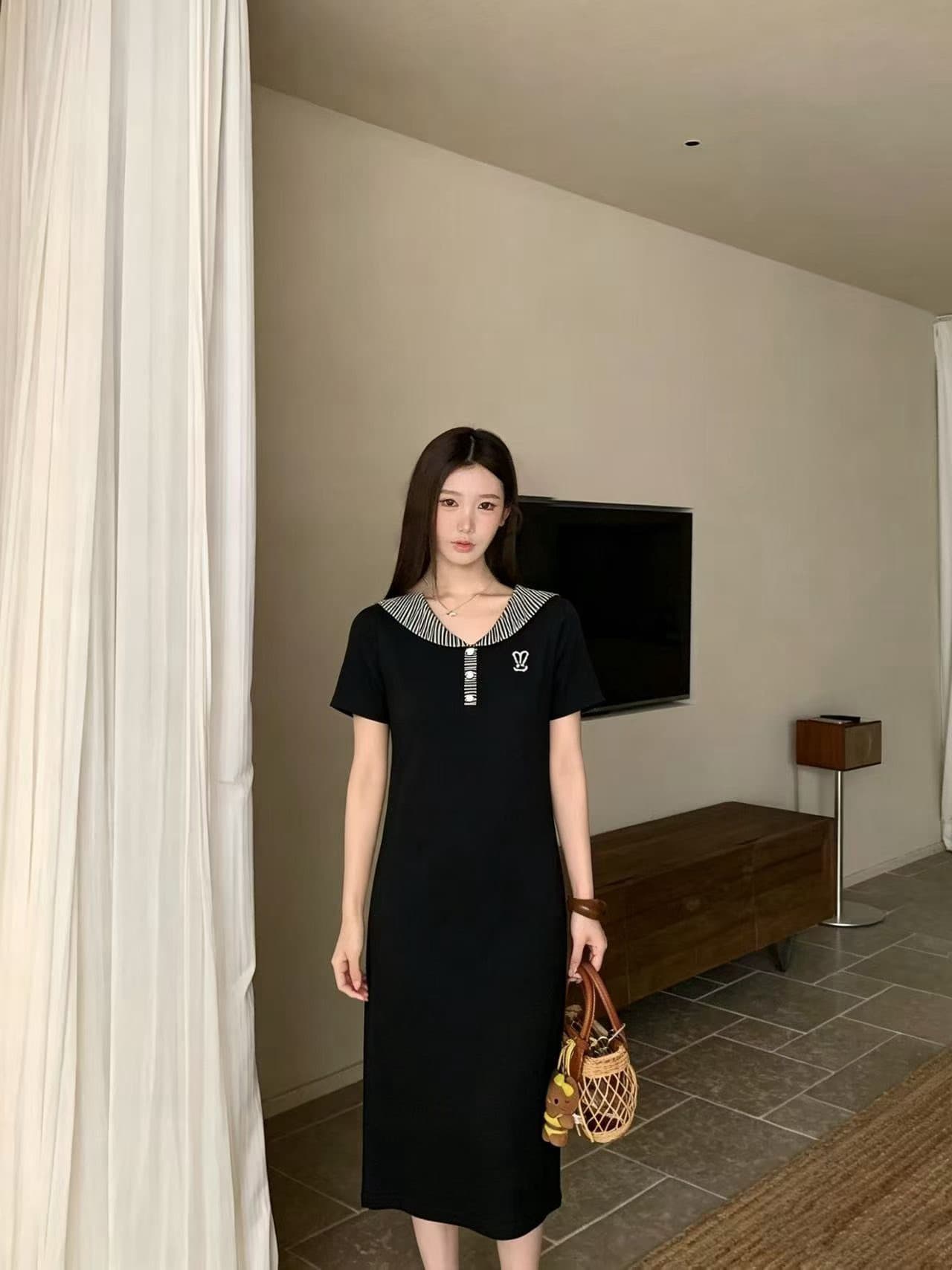 여름 새로운 작은 대중 디자인 센스 루즈핏 캐주얼 슬림해 보이는 표지 고기 중간 길이 polo 드레스 반팔 티셔츠 치마 여성 이미지 4