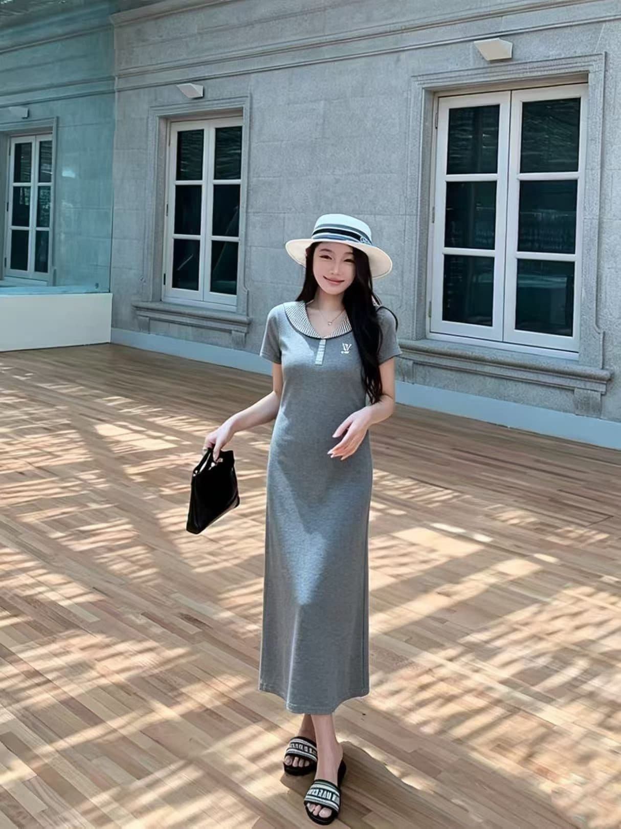 여름 새로운 작은 대중 디자인 센스 루즈핏 캐주얼 슬림해 보이는 표지 고기 중간 길이 polo 드레스 반팔 티셔츠 치마 여성 상세 이미지 1