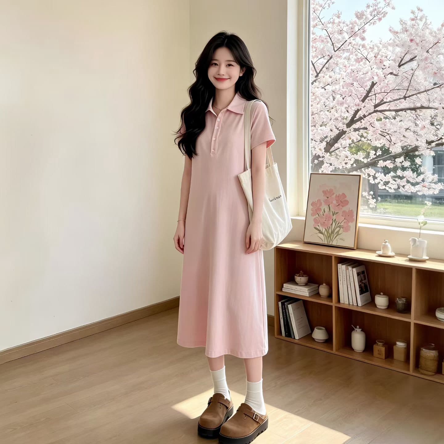 작은 벚꽃 2026 여름 새로운 자수 POLO 칼라 드레스 반팔 슬림해 보이는 한 마디 티셔츠 치마 여성 이미지 3