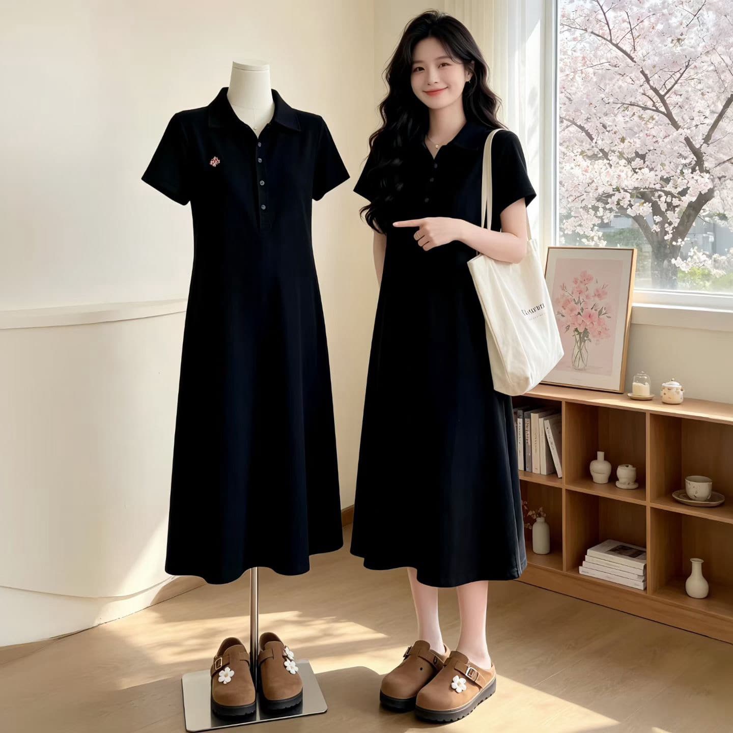 작은 벚꽃 2026 여름 새로운 자수 POLO 칼라 드레스 반팔 슬림해 보이는 한 마디 티셔츠 치마 여성 상세 이미지 1