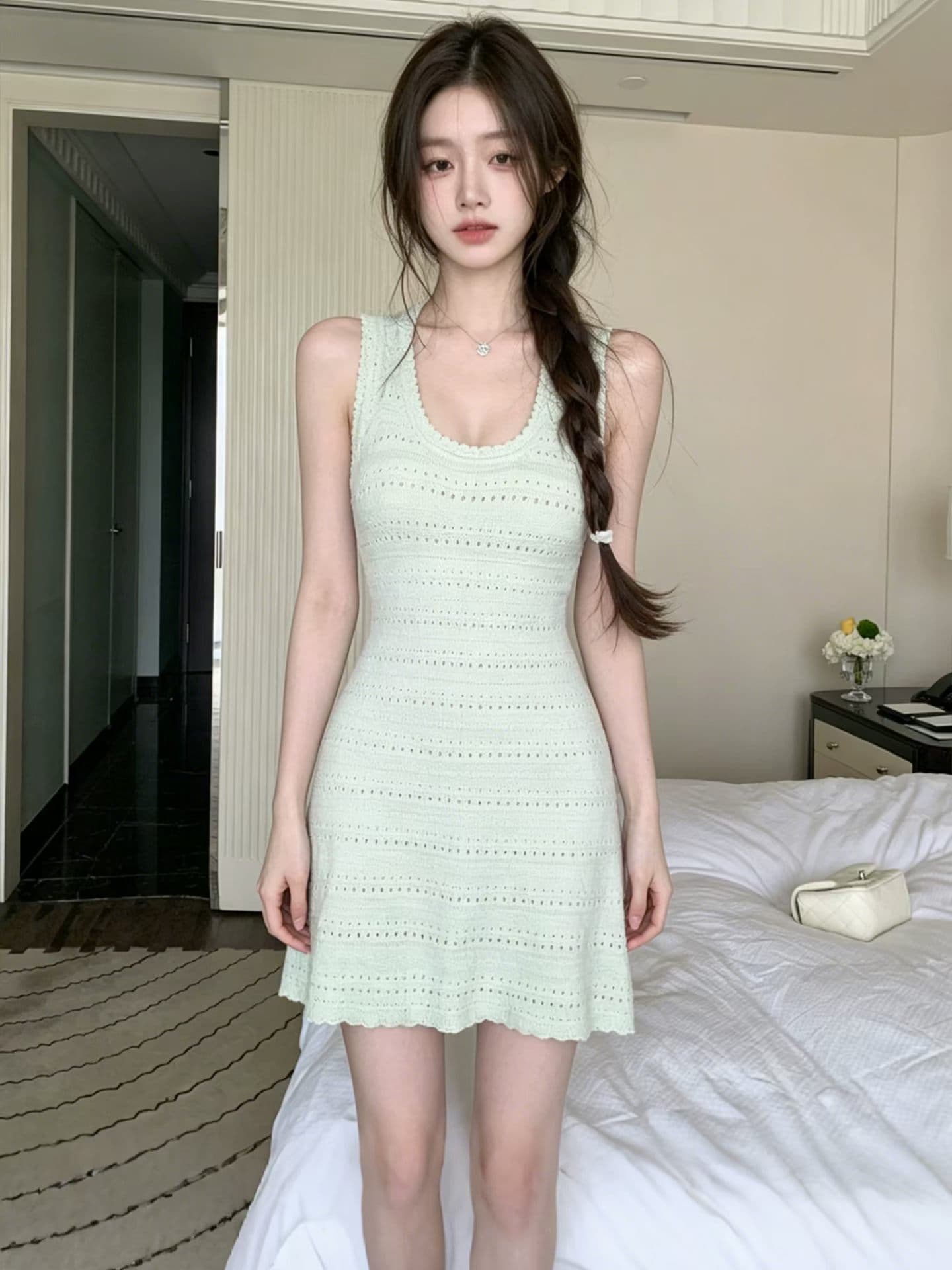 okmashop 녹색 이순신 제직 꿈 니트 슬립 여성 드레스 여름 품격 순수한 욕망 미니 스커트 허리 수축 치마 이미지 3