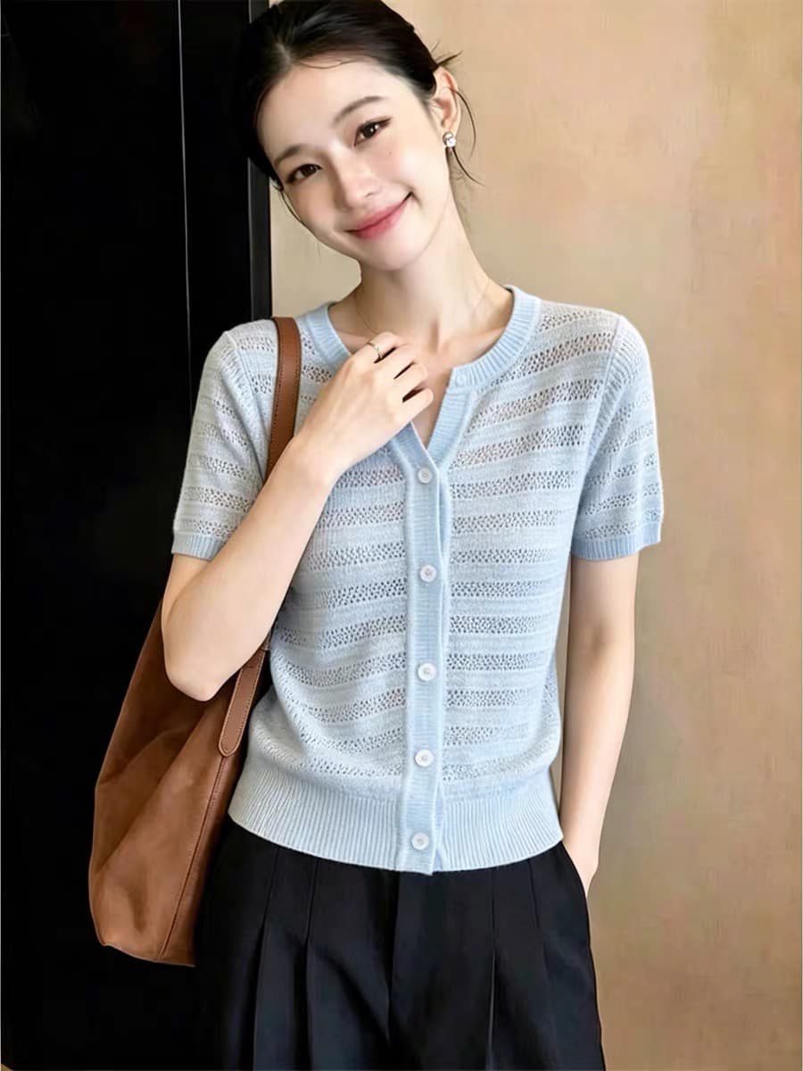 작은 대중 패션 홀로우 아웃 니트 오픈 가디건 여성용 짧은 소매 V넥 다용도 연령 감소 맨위 상세 이미지 3