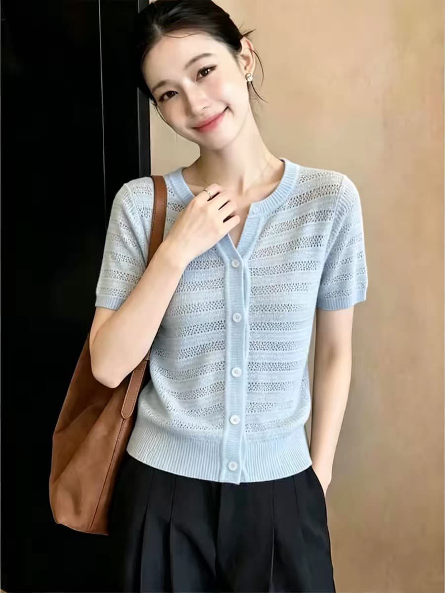 작은 대중 패션 홀로우 아웃 니트 오픈 가디건 여성용 짧은 소매 V넥 다용도 연령 감소 맨위 상세 이미지 4