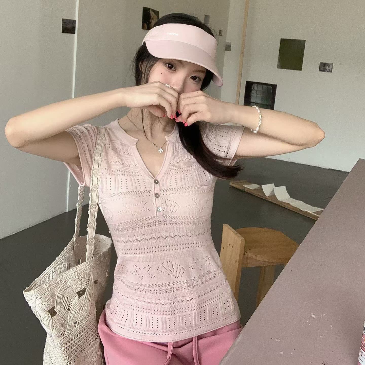 우 77 한 부서 주황색 홀로우 아웃 반 개방 칼라 반팔 티셔츠 여성 여름 작은 대중 디자인 센스 몸매 가꾸기 Chic 니트 스웨터 이미지 3
