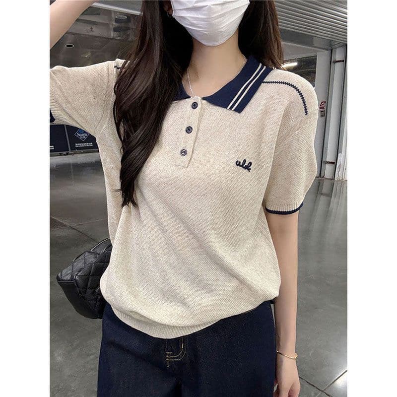 한국 스타일 배색 니트 스웨터 여성 2026 여름 새로운 느긋한 레트로 출퇴근 개성 연령 감소 Chic 패션 맨위 이미지 2