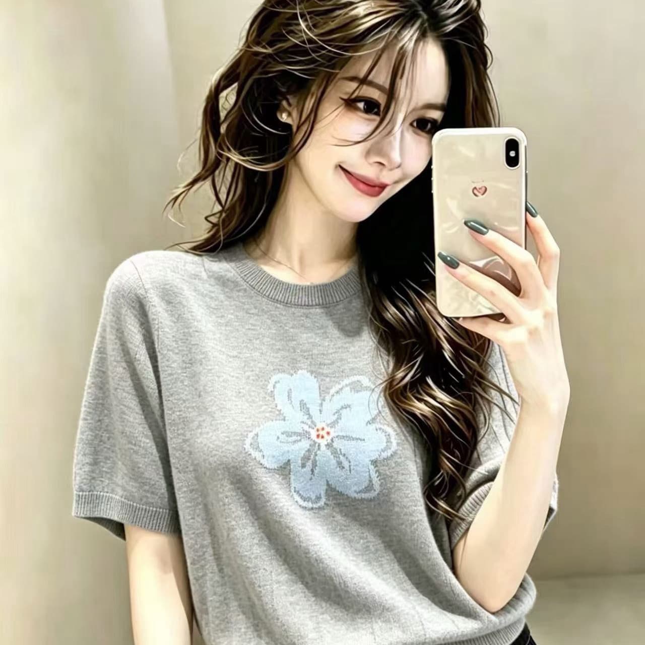 배색 꽃 자카드 니트 스웨터 여성용 짧은 소매 2026 여름 새로운 느슨함 센스 얇은 맨위 이미지 4
