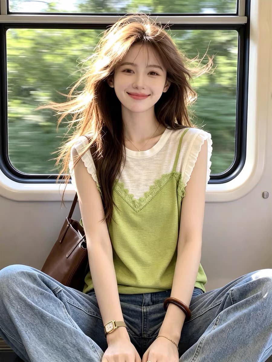 한국 스타일 빛 럭셔리 대나무 마디 마 페이크 레이어드 레이스 슬립 반팔 새로운 녹색 캐주얼 니트 티셔츠 맨위 여성 의류 상세 이미지 7