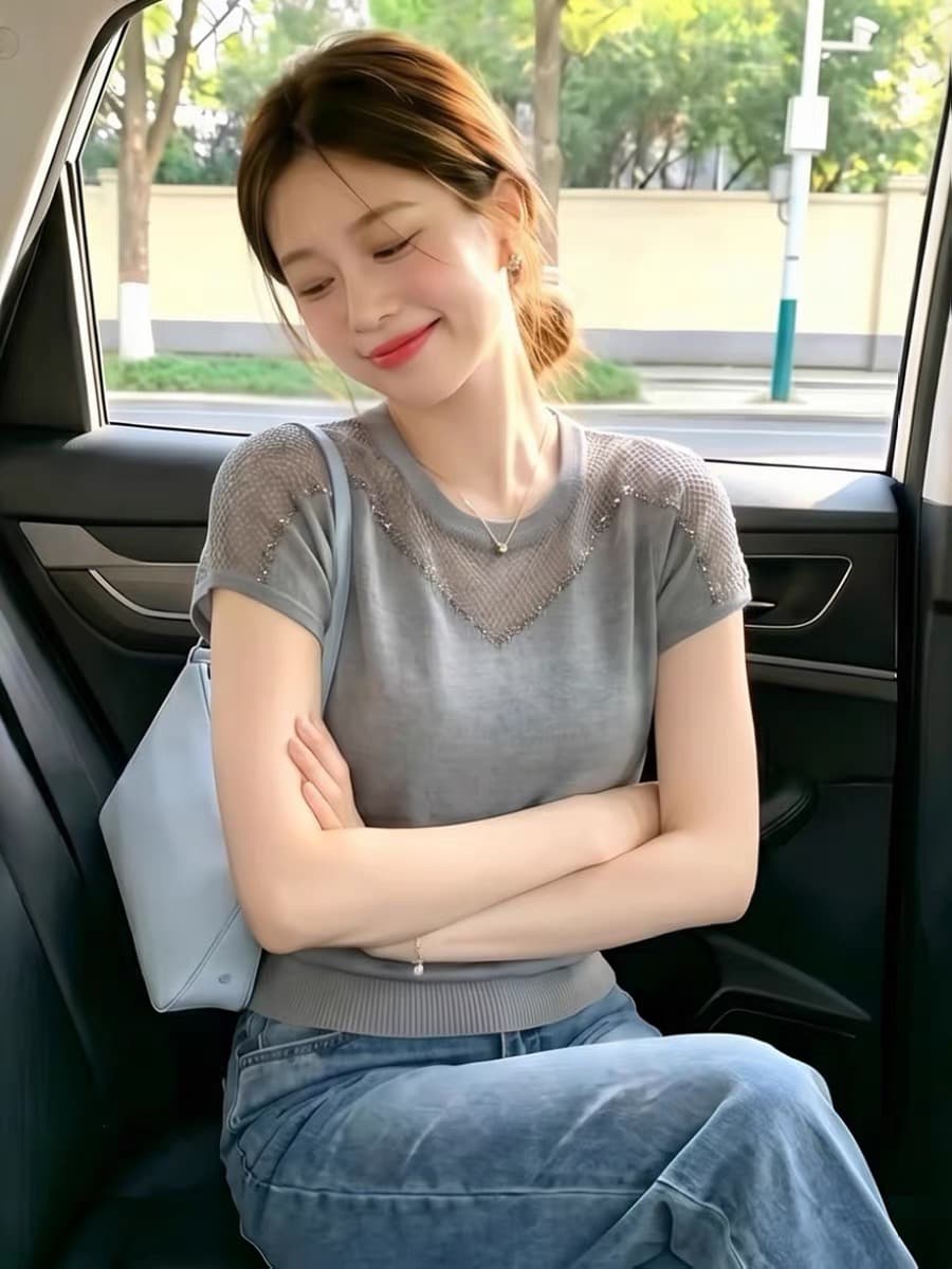 광저우 열세 개 높음 물품 폭발 프랑스식 출퇴근 망사 패치워크 반팔 니트 스웨터 얇은 스타일 티셔츠 맨위 여성 여름 상세 이미지 5