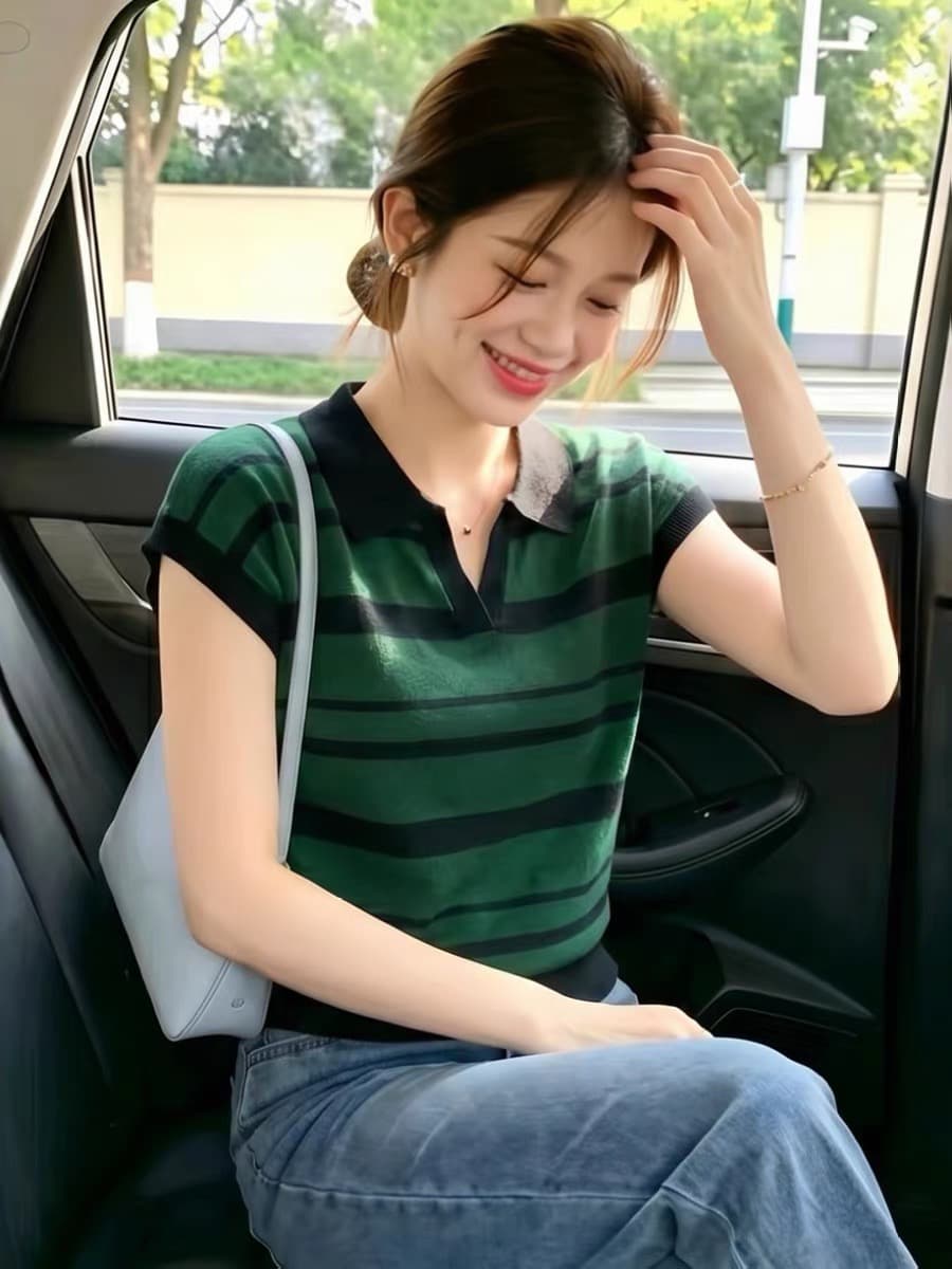 광저우 열세 개 높음 물품 폭발 한 부서 레트로 스트라이프 POLO 칼라 반팔 니트 스웨터 출퇴근 맨위 여성 여름 상세 이미지 3