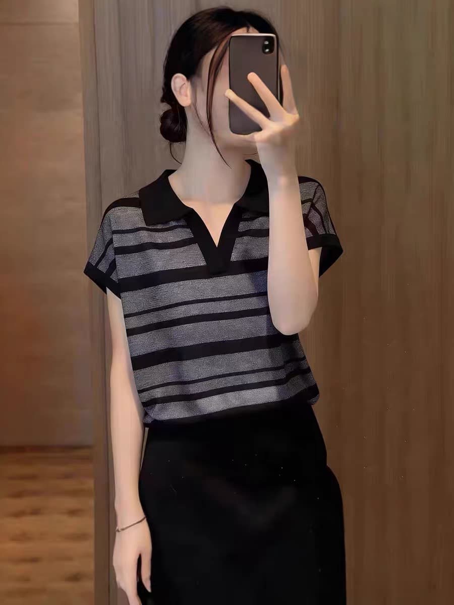 광저우 열세 개 높음 물품 폭발 한 부서 레트로 스트라이프 POLO 칼라 반팔 니트 스웨터 출퇴근 맨위 여성 여름 상세 이미지 8