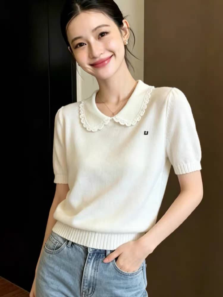 프랑스식 화이트 베이비 칼라 얼음 실크 니트 스웨터 반팔 티셔츠 여성 여름 루즈핏 폴로 칼라 아름다운 디자인 센스 맨위