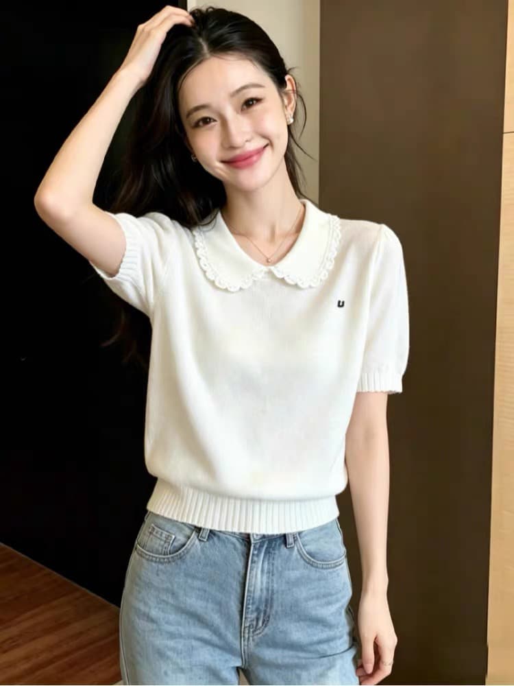 프랑스식 화이트 베이비 칼라 얼음 실크 니트 스웨터 반팔 티셔츠 여성 여름 루즈핏 폴로 칼라 아름다운 디자인 센스 맨위 이미지 2