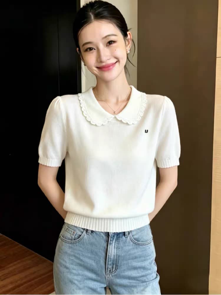 프랑스식 화이트 베이비 칼라 얼음 실크 니트 스웨터 반팔 티셔츠 여성 여름 루즈핏 폴로 칼라 아름다운 디자인 센스 맨위 이미지 4