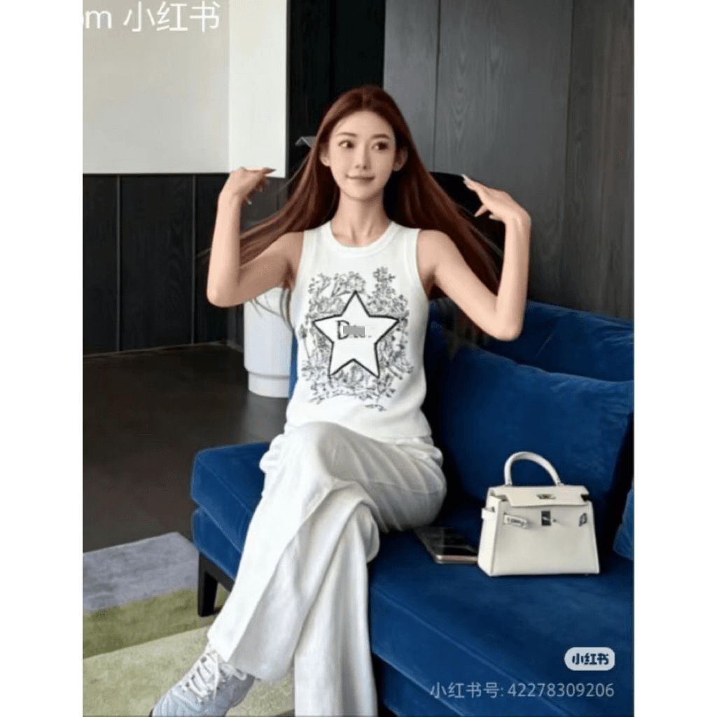 조수 브랜드 니트 d 홈 자수 오각형 별 알파벳 민소매 조끼 몸매 가꾸기 슬림해 보이는 여성 셔츠 26 년 여름 새로운 이미지 5