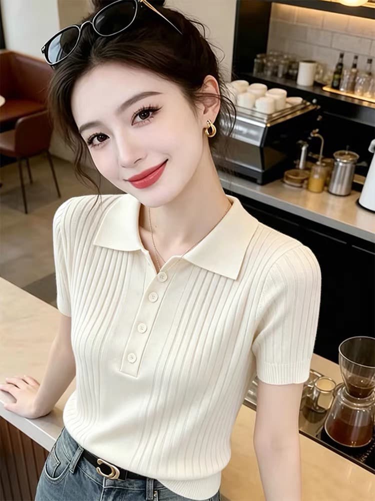 한 부서 단추 POLO 칼라 긍정적 인 어깨 반팔 니트 스웨터 여성 여름 2026 새로운 몸매 가꾸기 슬림해 보이는 미니멀리즘 작은 맨위 이미지 2