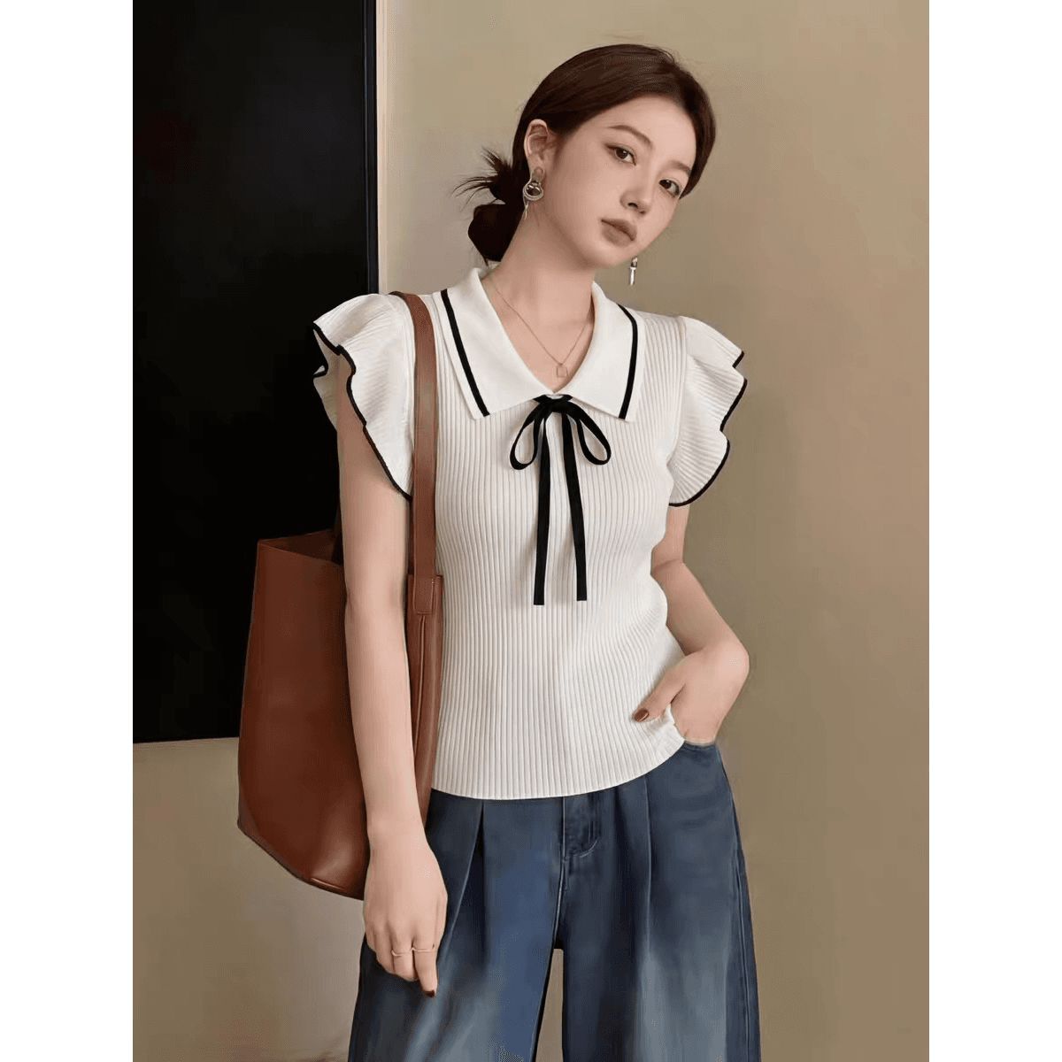 한 부서 연령 감소 외국 가스 Chic 작은 날다 소매 짠 셔츠 여성 여름 2026 새로운 순수한 욕망 나비 매듭 몸매 가꾸기 맨위 이미지 5