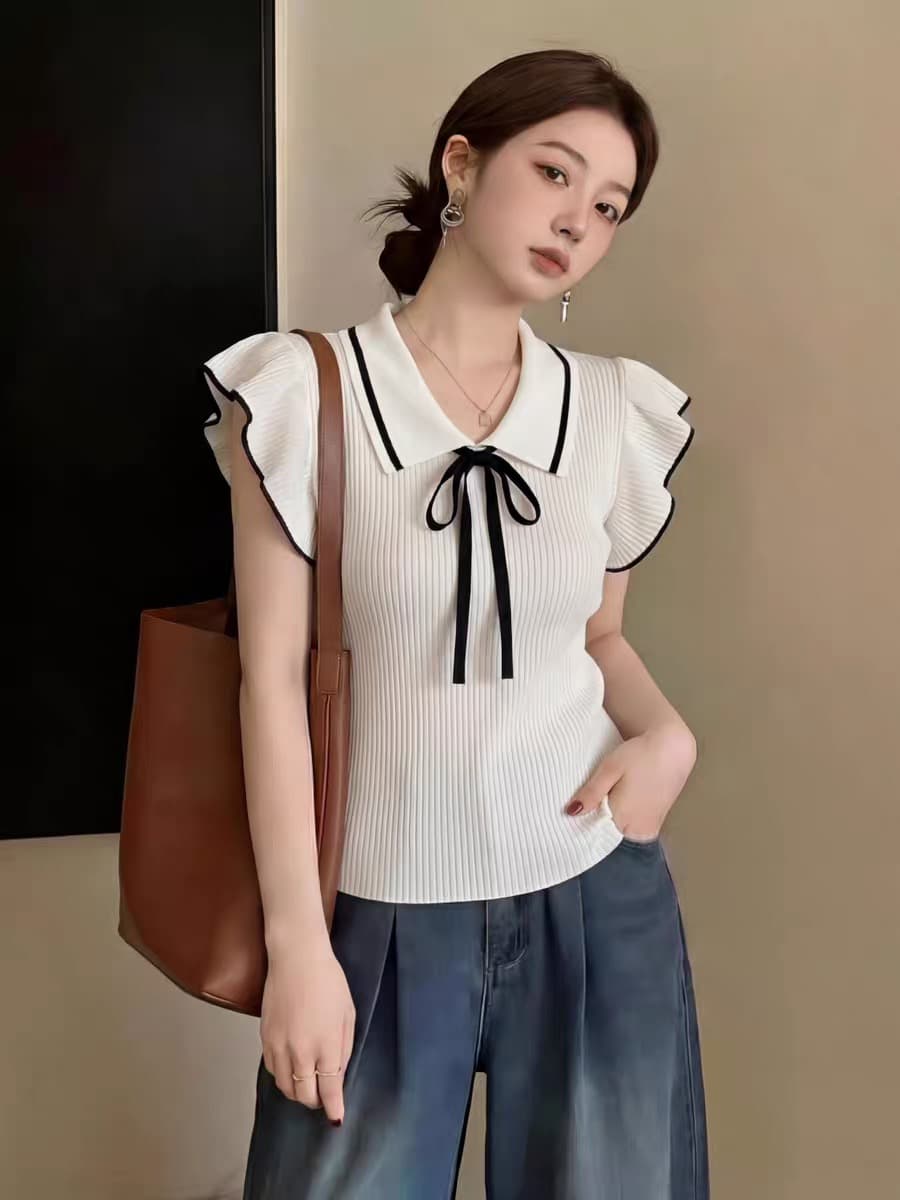 한 부서 연령 감소 외국 가스 Chic 작은 날다 소매 짠 셔츠 여성 여름 2026 새로운 순수한 욕망 나비 매듭 몸매 가꾸기 맨위 상세 이미지 1
