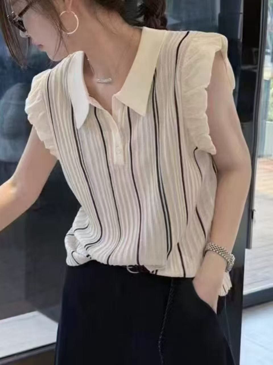 프랑스식 POLO 셔츠 프릴 Feifei 소매 폴로 칼라 니트 맨위 여성 여름 루즈핏 세련된 달콤한 스타일 민소매 티셔츠 이미지 3