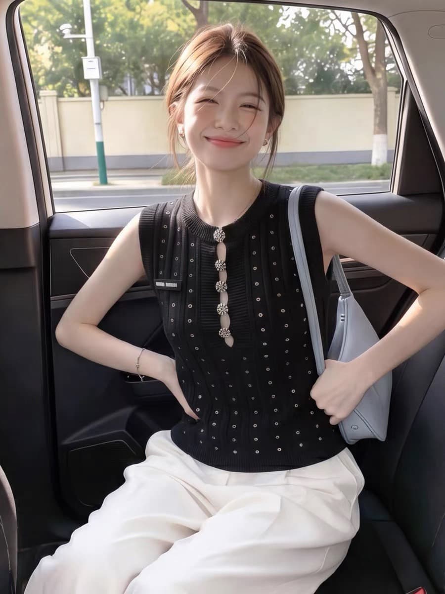 섹시함 핫걸 홀로우 아웃 니트 캐미솔 디자인 센스 작은 대중 여름 고유 한 몸매 가꾸기 슬림해 보이는 긍정적 인 어깨 의류 상세 이미지 4