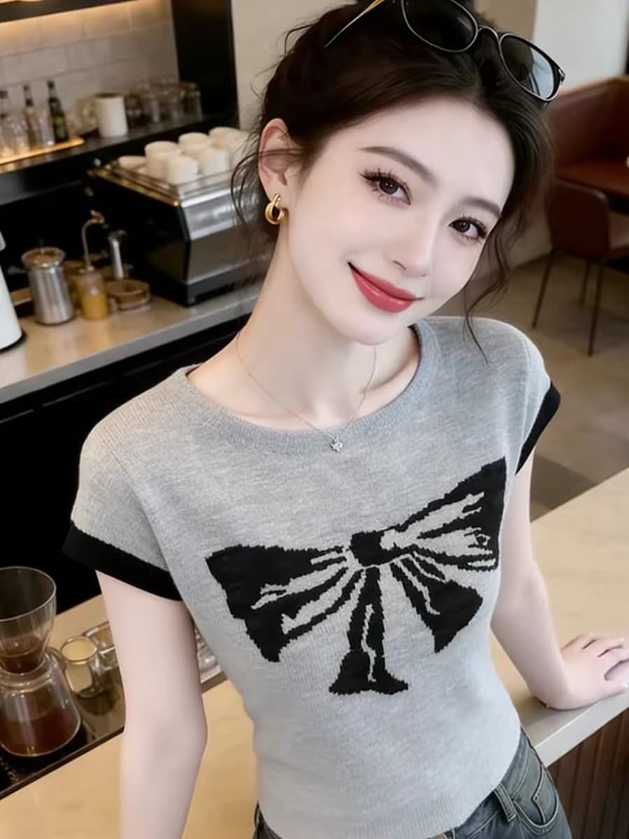 한 부서 라운드 넥 나비 매듭 반팔 얼음 실크 털 니트 스웨터 여성 2026 여름 새로운 몸매 가꾸기 슬림해 보이는 다용도 맨위 상세 이미지 4