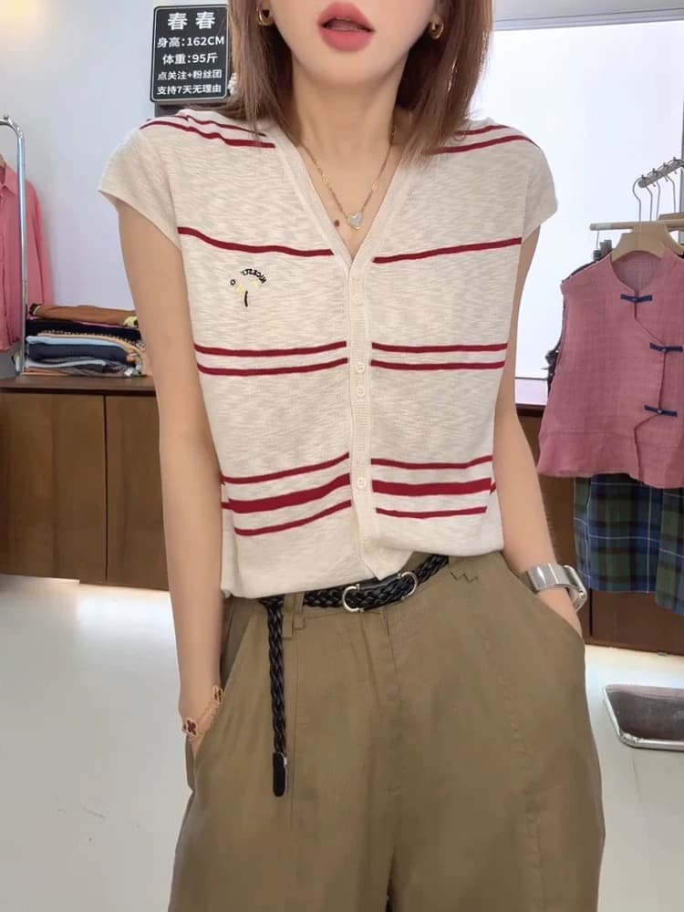익스트림 제인 빛 요리 한 바람 V넥 자수 단추 오픈 가디건 여성 26 여름 얇은 스타일 Feifei 소매 미니멀리즘 품격 다용도 맨위 이미지 3