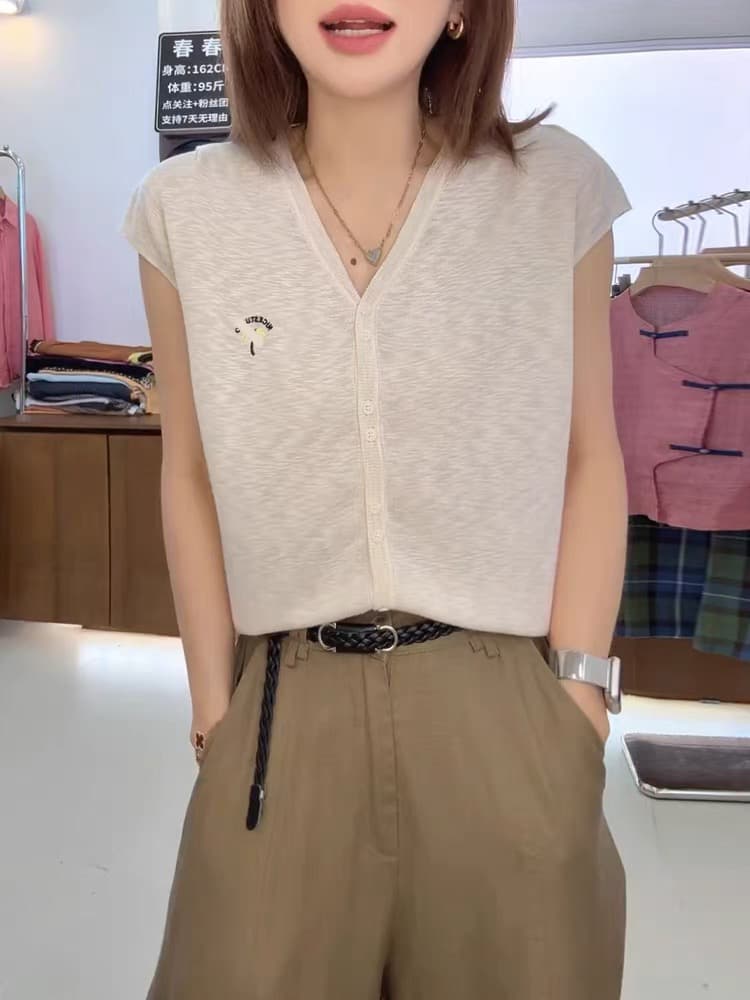 익스트림 제인 빛 요리 한 바람 V넥 자수 단추 오픈 가디건 여성 26 여름 얇은 스타일 Feifei 소매 미니멀리즘 품격 다용도 맨위 상세 이미지 3
