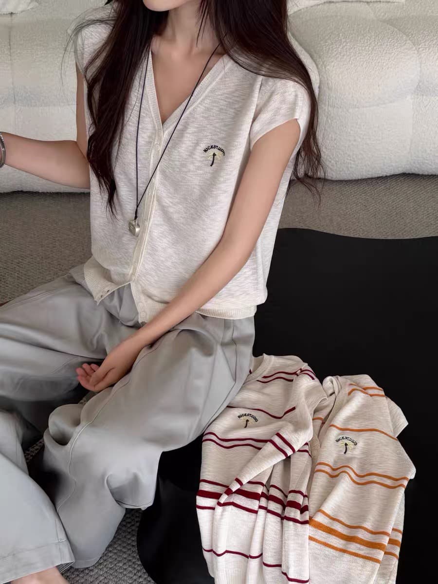 익스트림 제인 빛 요리 한 바람 V넥 자수 단추 오픈 가디건 여성 26 여름 얇은 스타일 Feifei 소매 미니멀리즘 품격 다용도 맨위 상세 이미지 7