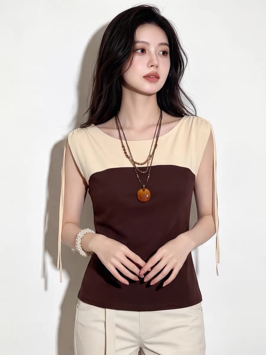 2026 여름 새로운 빛 요리 한 품격 반팔 패치워크 맨위 여성 여름 패치워크 색상 몸매 가꾸기 슬림해 보이는 다용도 주름 티셔츠 상세 이미지 6
