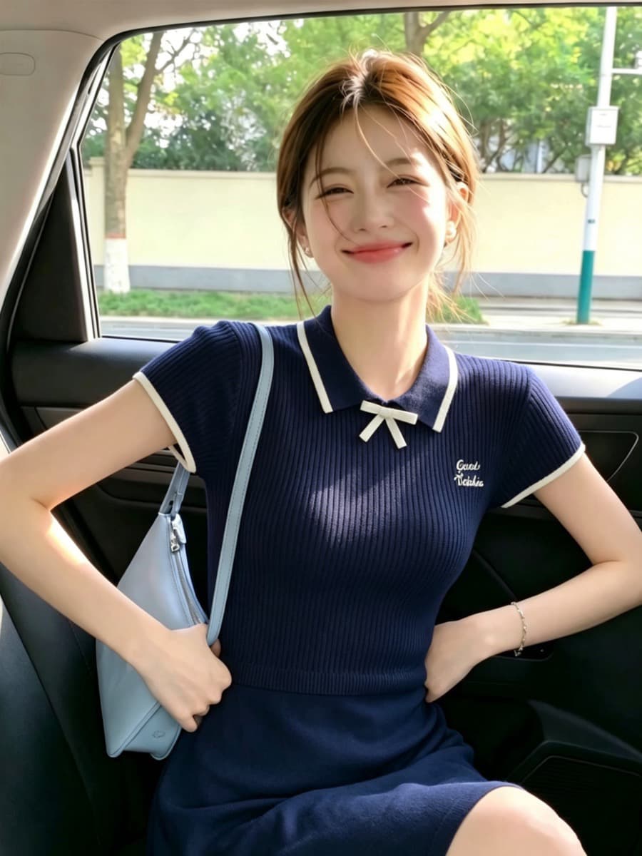 학원 스타일 POLO 칼라 니트 여성 드레스 여름 허리 수축 슬림해 보이는 한 마디 타이트 스커트 프랑스식 아름다운 작은 치마 이미지 4
