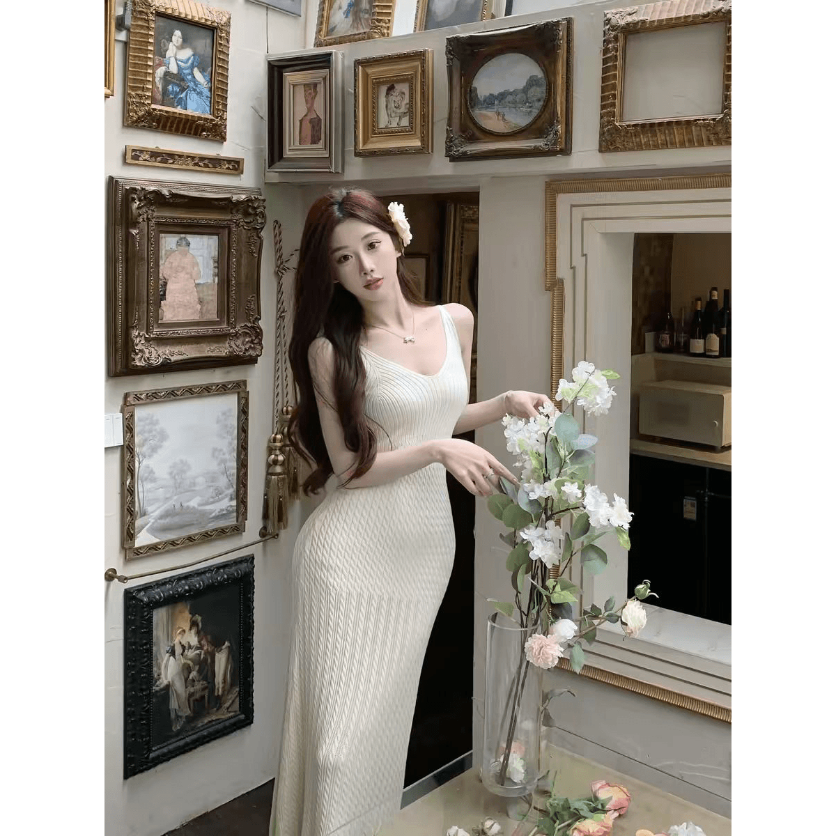 프랑스식 화이트 V넥 니트 슬립 여성 드레스 여름 몸매 가꾸기 섹시함 순수한 욕망 바람 타이트 스커트 아름다운 치마 이미지 6