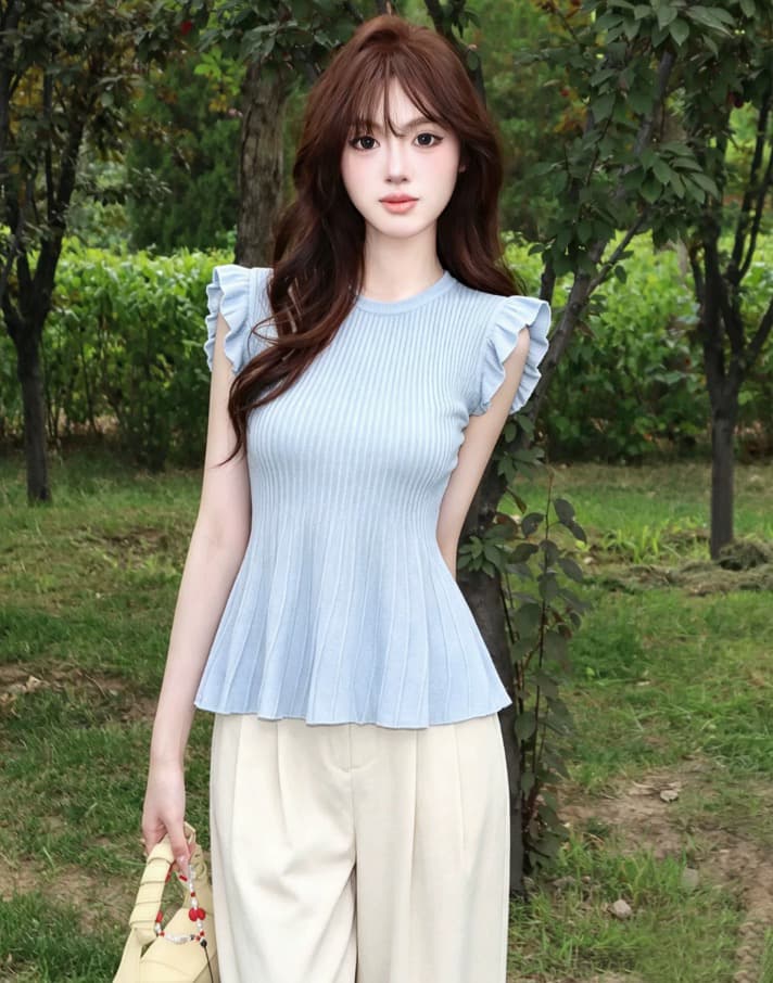 순수한 욕망 화이트 프릴 민소매 조끼 여성 작은 대중 다용도 허리 수축 슬림해 보이는 니트 맨위 상세 이미지 1