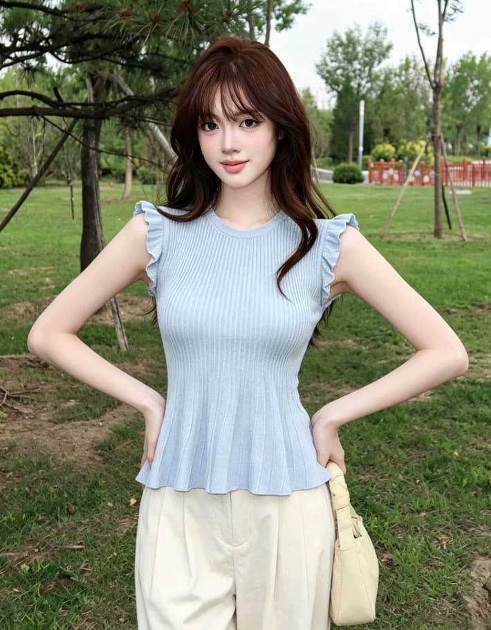 순수한 욕망 화이트 프릴 민소매 조끼 여성 작은 대중 다용도 허리 수축 슬림해 보이는 니트 맨위 상세 이미지 4
