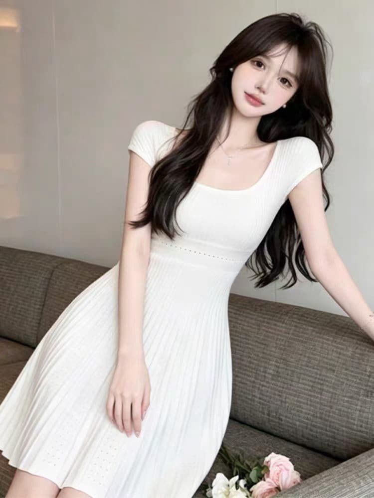 하얀 백조 프랑스식 u 칼라 높음 폭탄 허리 수축 자카드 디자인 센스 한 마디 니트 여성 드레스 작은 키 품격 이미지 4