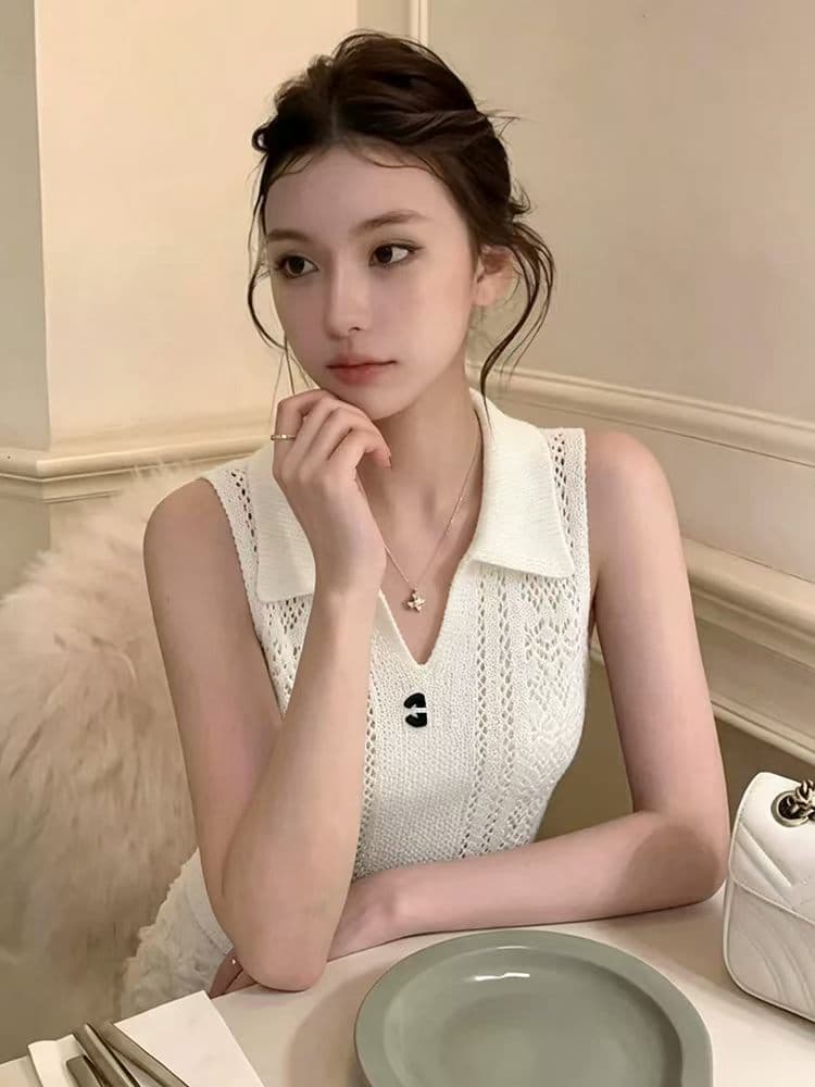 복숭아 분말 홀로우 아웃 POLO 칼라 니트 조끼 슈퍼 잘 생긴 부드러운 바람 연령 감소 민소매 맨위 여성 이미지 3
